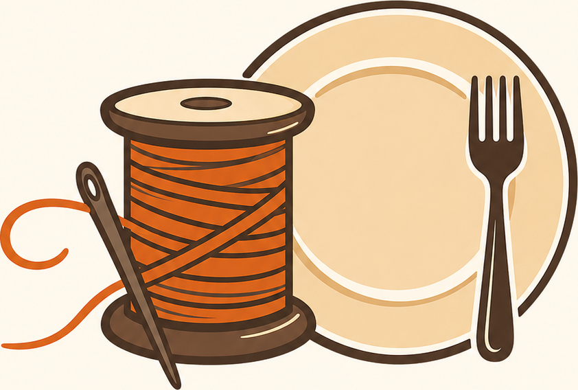 Thread spool and needle overlapping a plate and fork
